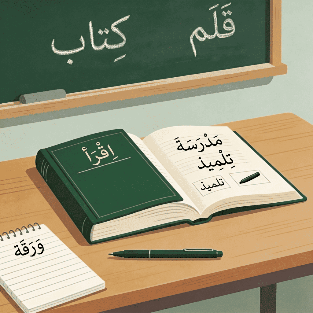 Iqra Apprentissage de la langue arabe avec un livre sur la table et un tableau à craie